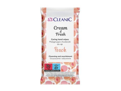 CLEANIC CREAM & FRESH PEACH rankų priežiūros servetėlės (15 ml)