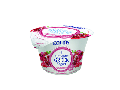 Graikiškas jogurtas KOLIOS, autentiškas, 0%, su avietėmis ir granatų sultimis, 150 g