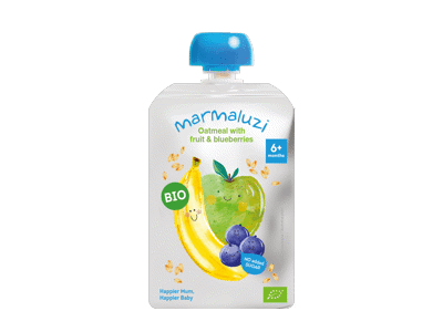 KOŠĖ Eko Obuolių, mėlynių, bananų, avižų - 6 mėn 90g Pouch MARMALUZI