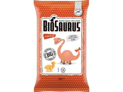 Ekologiški kepti kukurūzų traškučiai su kečupo prieskoniais BIOSAURUS, 50 g