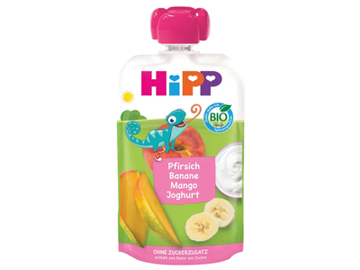 Ekol. persikų, bananų ir mangų tyrelė HIPP su jogurtu (6+), 100 g