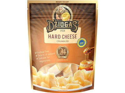 Sūris DŽIUGAS Delicate, 24 mėn., 40% RSM, trupintas, be laktozės, 100 g