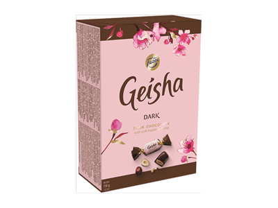 Juodojo šokolado saldainiai GEISHA su lazdynų riešutų įdaru, 150 g