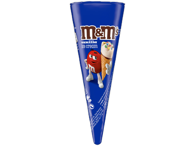 Valgomieji vaniliniai ledai vafliniame kūgelyje M&M's,su pieninio šokolado dražė, 110 g