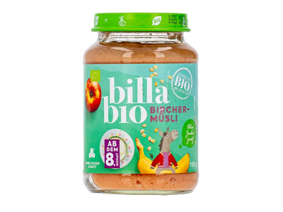 Viso grūdo avižinių dribsnių tyrelė su bananais ir obuoliais BILLA BIO, 190 g