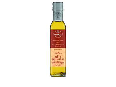 Alyvuogių aliejus OLITALIA, Extra Virgin, su česnakais ir aitriosiomis paprikomis, 250 ml