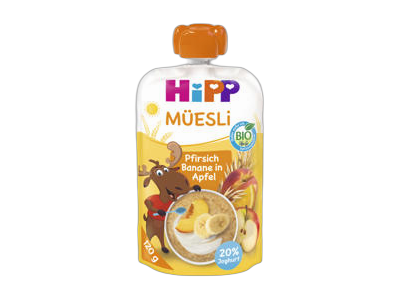 Ekol. ob., persikų, bananų tyrelė HIPP su jogurtu, 12+ mėn., 120 ml