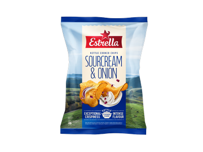 Bulvių traškučiai ESTRELLA KETTLE grietinės ir svogūnų skonio, 120g