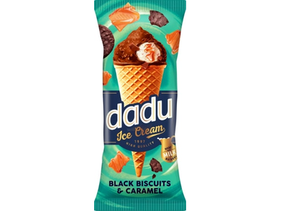 Vanilės skonio ledai DADU su karamelės įdaru ir kakaviniais biskvito gabaliukais, 150 ml