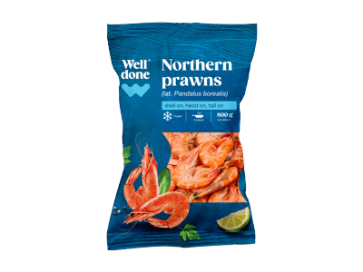 Šaldytos virtos šiaurinės dryžakojės krevetės WELL DONE, 800 g