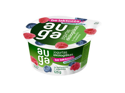 Ekol. jogurtas be laktozės su su mėlynėmis ir avietėmis AUGA, 3,5 % rieb., 125 g