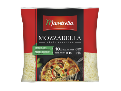 Sūris Mozzarella MAESTRELLA, tarkuotas šiaudeliais, 40% RSM, 2,5 kg