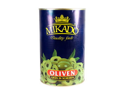 Alyvuogės MIKADO, žalios, pjaustytos, 4,1 kg/ 2 kg