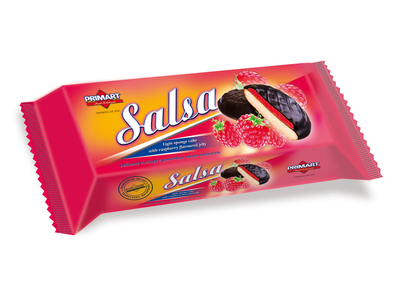 Sausainiai PRIMART Salsa, glaisyti, su aviečių įdaru, 130 g