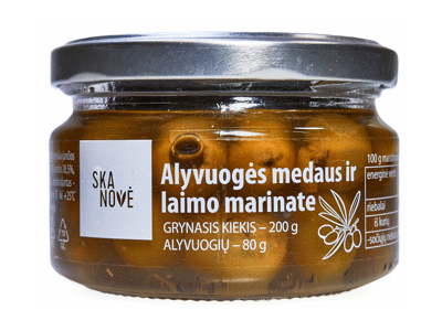 Alyvuogės SKANOVĖ medaus ir žaliųjų citrinų marinate, 200 g