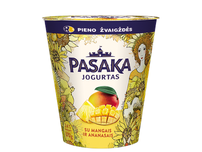 Švelnus jogurtas PASAKA, su mangais ir ananasais, 2,5%, 370 g