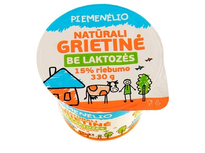 PIEMENĖLIO natūrali grietinė be laktozės, 15% rieb., 330 g