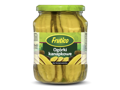 Marinuoti agurkai FRUTICO, supjaustyti išilgai, 660 g / 330 g