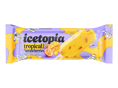 Šerbetas ICETOPIA, tropinių vaisių skonio su braškių gabaliukais, 70 g