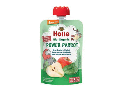 Eko kriaušių,obuolių,špin.tyrelė HOLLE POWER PARROT,6+ mėn., 100 g