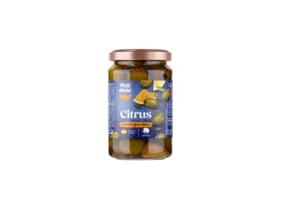 Konservuotos žaliosios alyvuogės WELL DONE citrusinių vaisių marinate (be kauliukų), 340 g