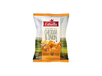 Traškučiai ESTRELLA KETTLE COOKED, čederio ir svogūnų skonio, 120 g