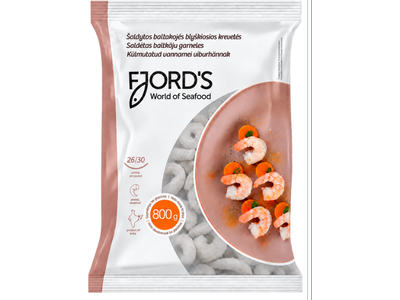 Šaldytos baltakojės blyškiosios krevetės FJORD'S,nevirtos,lukštentos,valytos,26/30,20% glazūra,800g