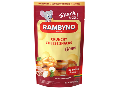 Lyd. rūkytas RAMBYNO sūrio užkandis su kumpiu, 45% rieb.s.m., 75 g