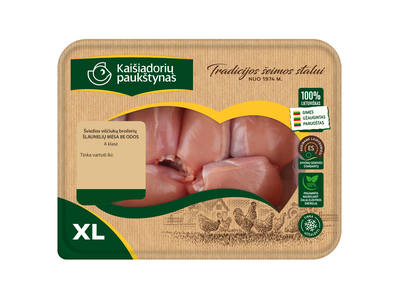 Šviežia viščiuko broilerio šlaunelių mėsa KAIŠIADORIŲ PAUKŠTYNAS, be odos, A klasė, ~850 g