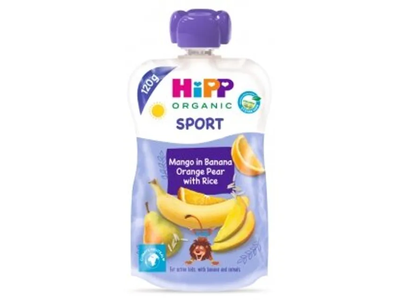 Ekologiška bananų, apelsinų, kriaušių ir mango tyrelė su ryžiais HIPP, 120 g