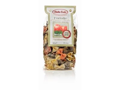 Makaronai DALLA COSTA, kaspinėliai su pomidorais ir bazilikais, spalvoti, 500 g