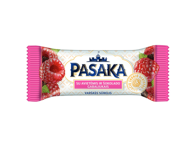 Glaistytas varškės sūrelis PASAKA, su avietėmis ir šokolado gabaliukais, 23%, 40g