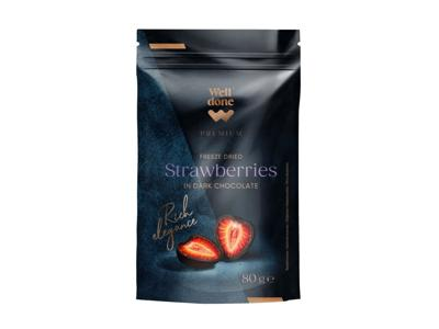 Liofilizuotos braškės juodajame šokolade WELL DONE PREMIUM, 80 g
