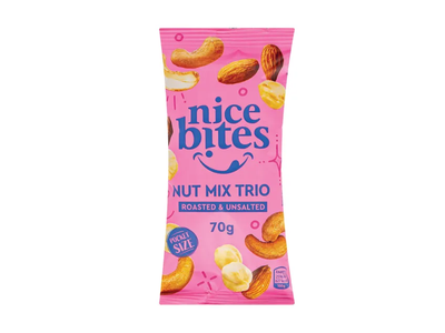 Trijų riešutų mix skrudinti, nesūdyti NICE BITES, 70 g