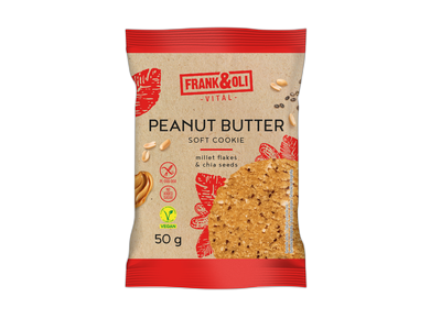 Veganiškas sorų sausainis FRANK&OLI, su žemės riešutų sviestų ir šalavijo(CHIA) sėklomis, 50g