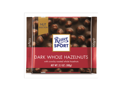 Juodasis šokoladas RITTER SPORT su lazdynų riešutais, 100 g