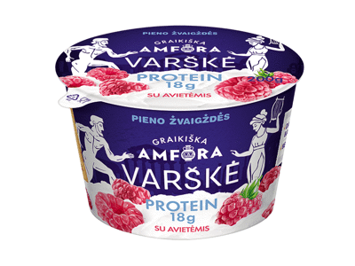 Varškė GRAIKIŠKA AMFORA PROTEIN be laktozės su avietėmis, 0,8 % rieb., 200 g