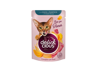 Delickcious™ „Juostelės su antiena ir moliūgu kreminėje sriuboje“ visavertis konservuotas maistas suaugusioms katėms, 85 gr