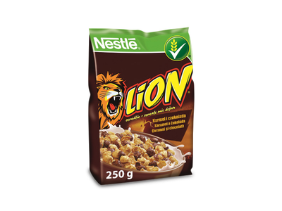 Pusryčių dribsniai NESTLE, Lion, su šokoladu ir karamele, 250 g
