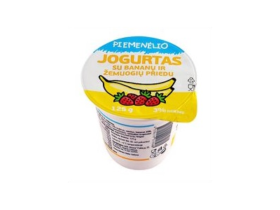 Jogurtas PIEMENĖLIO, su bananais ir žemuogėmis, 3 %, 125 g