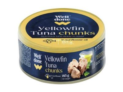 Gelsvauodegių tunų gabaliukai saulėgrąžų aliejuje WELL DONE, 185 g