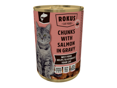 Konservuotas kačių ėdalas ROKUS, su lašiša, 415 g