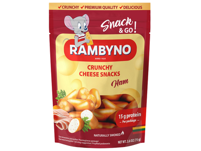 Lydytas rūkytas sūrio užkandis RAMBYNO CHEESE SNACKS, su kumpiu, 45% s.m., 75 g