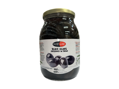 Didžiosios juodosios alyvuogės TASTE LAND, su kauliukais, sūryme,  0,95kg/0,6kg