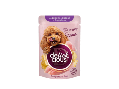 Delickcious™ „Juostelės su kalakutiena ir sūriu kreminėje sriuboje” visavertis konservuotas pašaras suaugusiems šunims, 85 gr