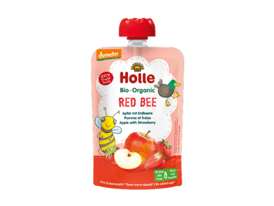 Eko obuolių, braškių tyrelė HOLLE RED BEE (8+ mėn.), 100 g
