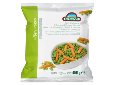 Šaldytas žaliųjų žirnelių ir morkų mišinys  GREENS, 450 g