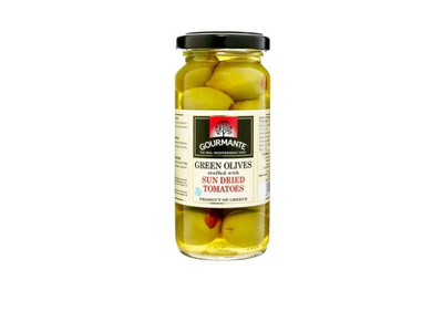 Žaliosios alyvuogės GOURMANTE, įdarytos saulėje džiovintais pomidorais, sūryme, 227 g/127 g
