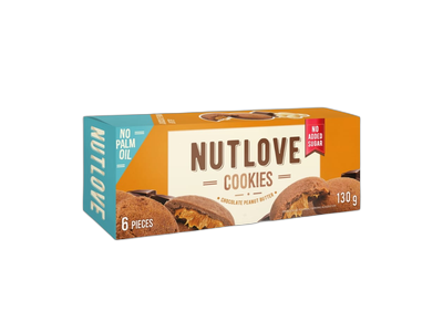 Kakaviniai sausainiai NUT LOVE su žemės riešutų įdaru, aplieti pieniniu šokoladu,  130 g