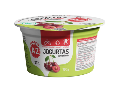 Jogurtas iš A2 pieno be lakt. su vyšniomis 2,1% rieb., 180 g